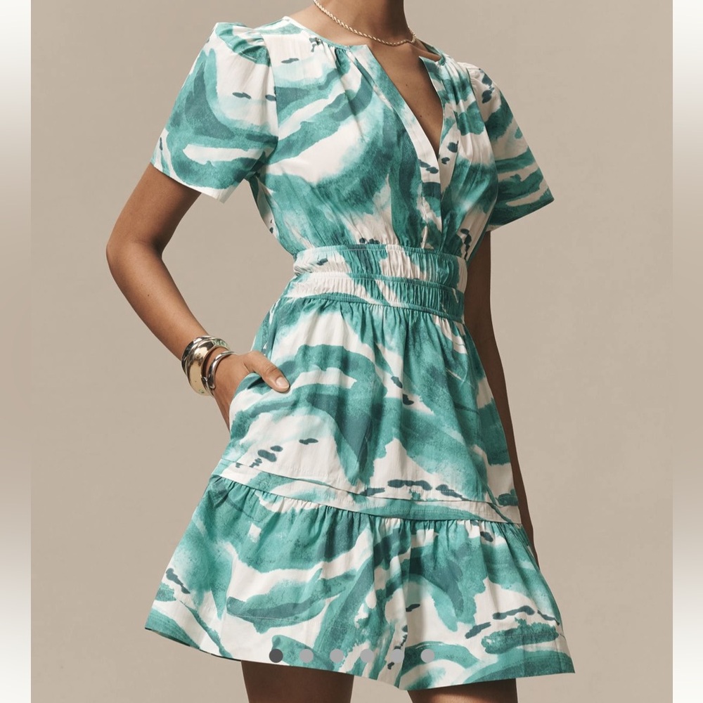 Anthropologie Teal and White Midi Dress Somerset Dress Pockets Size L